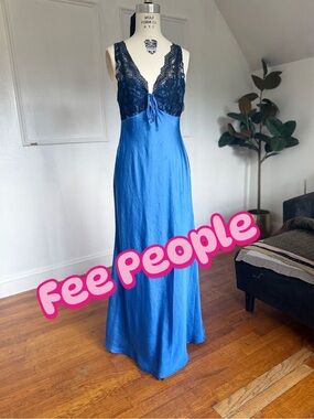 Free People Blue Maxi Slip Dress with Navy Lace Bodice